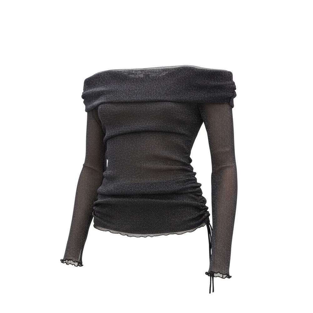 Jonathan Simkhai Standard Metallic Ruched Knit Top Off Shoulder Black | Size S